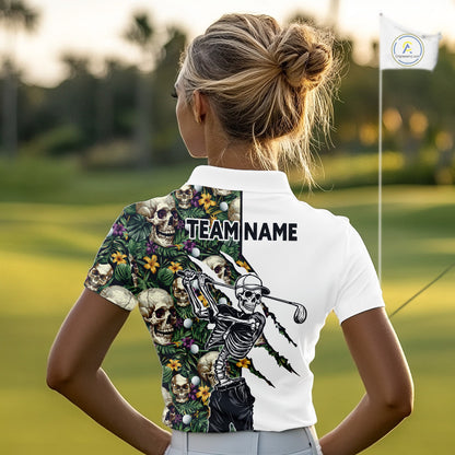 Funny Womens Golf Polo Shirt Custom Tropical Golf Ball Pattern Personalized Skull Golf Shirts NHN0047