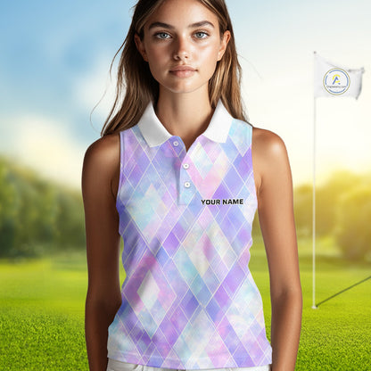 Violet And Blue Square Pattern Womens Sleeveless Golf Polo Shirt Custom Name Golf Tops For Ladies NHN0203