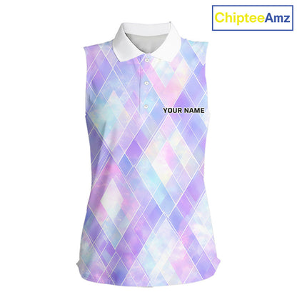 Violet And Blue Square Pattern Womens Sleeveless Golf Polo Shirt Custom Name Golf Tops For Ladies NHN0203