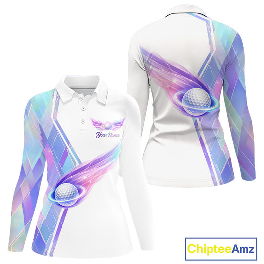 Womens Long Sleeve Golf Polo Shirt Violet Square Plaid Pattern Custom Golf Ball Golf Tops For Ladies NHN0204
