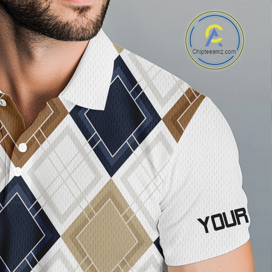 Plaid Mens Golf Polo Shirt Custom Retro Argyle Pattern Team Golf Tops, Vintage Golf Gift Personalized NHN0216