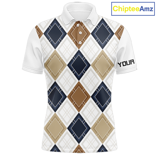 Plaid Mens Golf Polo Shirt Custom Retro Argyle Pattern Team Golf Tops, Vintage Golf Gift Personalized NHN0216