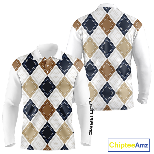 Plaid Long Sleeve Golf Polo Shirt Custom Retro Argyle Pattern Team Golf Tops, Vintage Golf Gift NHN0216