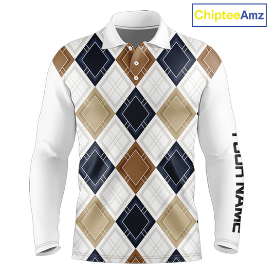 Plaid Long Sleeve Golf Polo Shirt Custom Retro Argyle Pattern Team Golf Tops, Vintage Golf Gift NHN0216