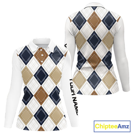 Plaid Womens Long Sleeve Golf Polo Shirt Custom Retro Argyle Pattern Team Golf Tops, Vintage Golf Gift NHN0216