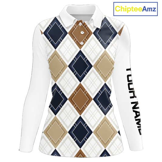 Plaid Womens Long Sleeve Golf Polo Shirt Custom Retro Argyle Pattern Team Golf Tops, Vintage Golf Gift NHN0216