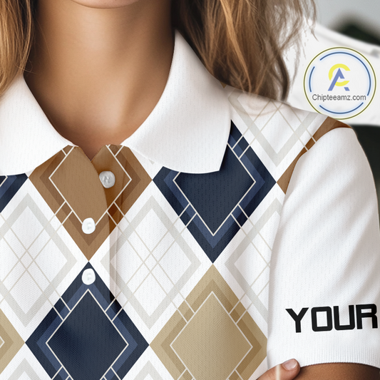 Plaid Womens Golf Polo Shirt Custom Retro Argyle Pattern Team Ladies Golf Tops, Vintage Golf Gift NHN0216