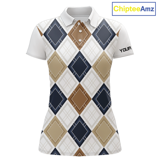 Plaid Womens Golf Polo Shirt Custom Retro Argyle Pattern Team Ladies Golf Tops, Vintage Golf Gift NHN0216
