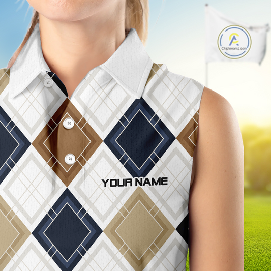 Plaid Womens Sleeveless Golf Polo Shirt Custom Retro Argyle Pattern Team Golf Tops, Vintage Golf Gift NHN0216