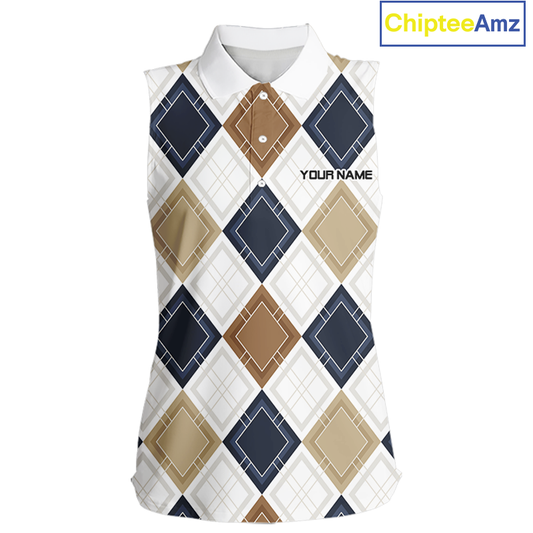 Plaid Womens Sleeveless Golf Polo Shirt Custom Retro Argyle Pattern Team Golf Tops, Vintage Golf Gift NHN0216