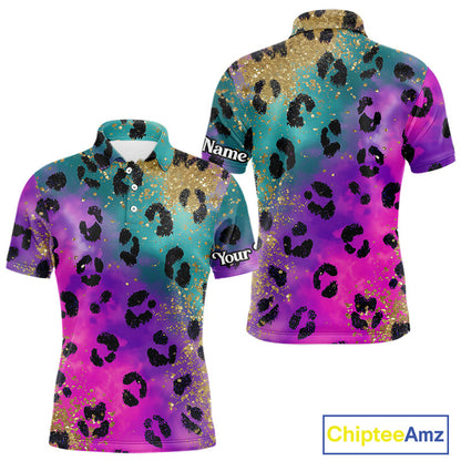 Leopard Mens Golf Polo Shirt Custom Colorful Neon Rainbow Leopard Pattern Team Golf Tops, Golf Gifts NHN0217