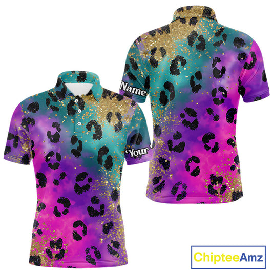 Leopard Mens Golf Polo Shirt Custom Colorful Neon Rainbow Leopard Pattern Team Golf Tops, Golf Gifts NHN0217