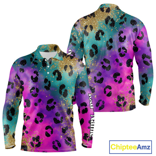 Long Sleeve Golf Polo Shirt Custom Colorful Neon Rainbow Leopard Pattern Team Golf Tops, Golf Gifts NHN0217