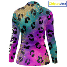 Load image into Gallery viewer, Womens Long Sleeve Golf Polo Shirt Custom Colorful Neon Rainbow Leopard Pattern Team Golf Tops NHN0217