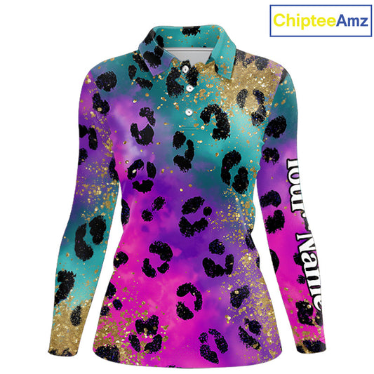 Womens Long Sleeve Golf Polo Shirt Custom Colorful Neon Rainbow Leopard Pattern Team Golf Tops NHN0217