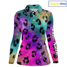 Load image into Gallery viewer, Womens Long Sleeve Golf Polo Shirt Custom Colorful Neon Rainbow Leopard Pattern Team Golf Tops NHN0217