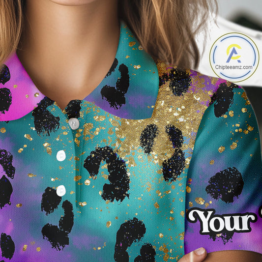 Leopard Womens Golf Polo Shirt Custom Colorful Neon Rainbow Leopard Pattern Team Golf Top, Golf Gifts NHN0217