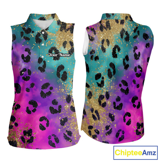 Womens Sleeveless Golf Polo Shirt Custom Colorful Neon Rainbow Leopard Pattern Team Golf Tops NHN0217