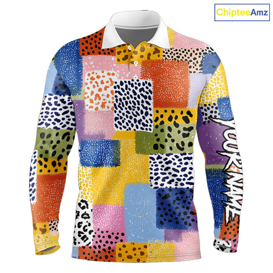 Funny Plaid Long Sleeve Golf Polo Shirt Custom Colorful Leopard Square Pattern Team Golf Top, Golf Gift NHN0218