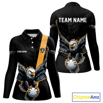 Long Sleeve Golf Polo Shirt Custom Eagle Golf Attire For Women, Black & Yellow Team Golf Top NHN0083