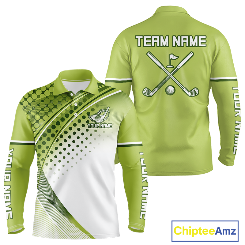 Mens Long Sleeve Golf Polo Shirt Custom Green & White Golf Shirts For Team Personalized Golf Gifts NHN0096