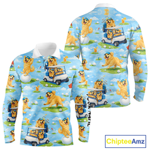 Load image into Gallery viewer, Long Sleeve Golf Polo Shirt Custom Funny Golden Retriever Blue Pattern Team Golf Tops, Dog Lover Gift NHN0225