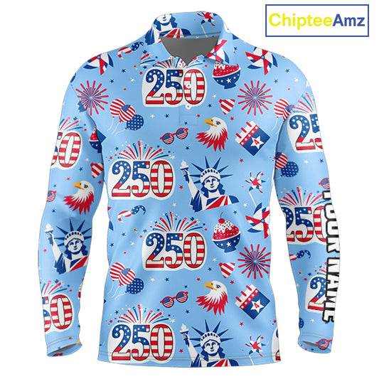 America 250th Anniversary Long Sleeve Golf Polo Shirt For Men, Patriotic USA Golf Shirts, Golf Gift NHN0232