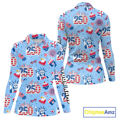 America 250th Anniversary Womens Long Sleeve Golf Polo Shirt, Patriotic USA Golf Shirts, Golf Gift NHN0232