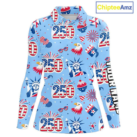 America 250th Anniversary Womens Long Sleeve Golf Polo Shirt, Patriotic USA Golf Shirts, Golf Gift NHN0232