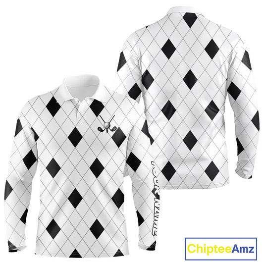 Argyle Long Sleeve Golf Polo Shirt Custom Name, Personalized Plaid Golf Shirts For Men NHN0120
