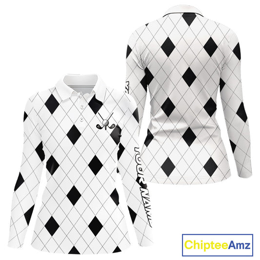 Argyle Womens Long Sleeve Golf Polo Shirt Custom Name, Personalized Plaid Golf Shirts For Ladies NHN0120