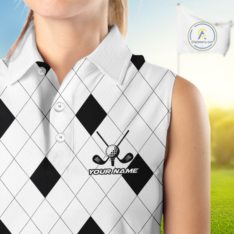 Argyle Womens Sleeveless Golf Polo Shirt Custom Name, Personalized Plaid Golf Shirts For Ladies NHN0120