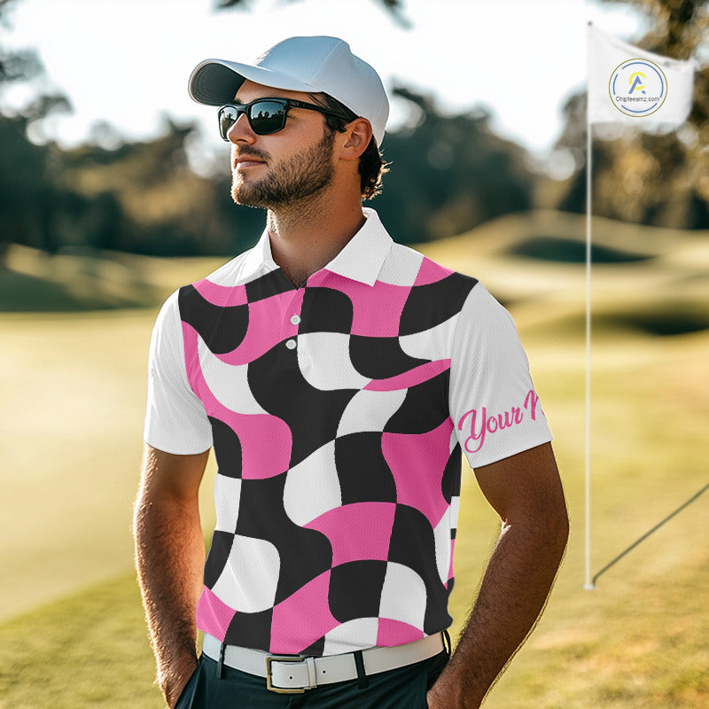 Mens Golf Polo Shirt Custom Pink Checkerboard Argyle Pattern Golf Attire For Men, Golf Gifts NHN0124