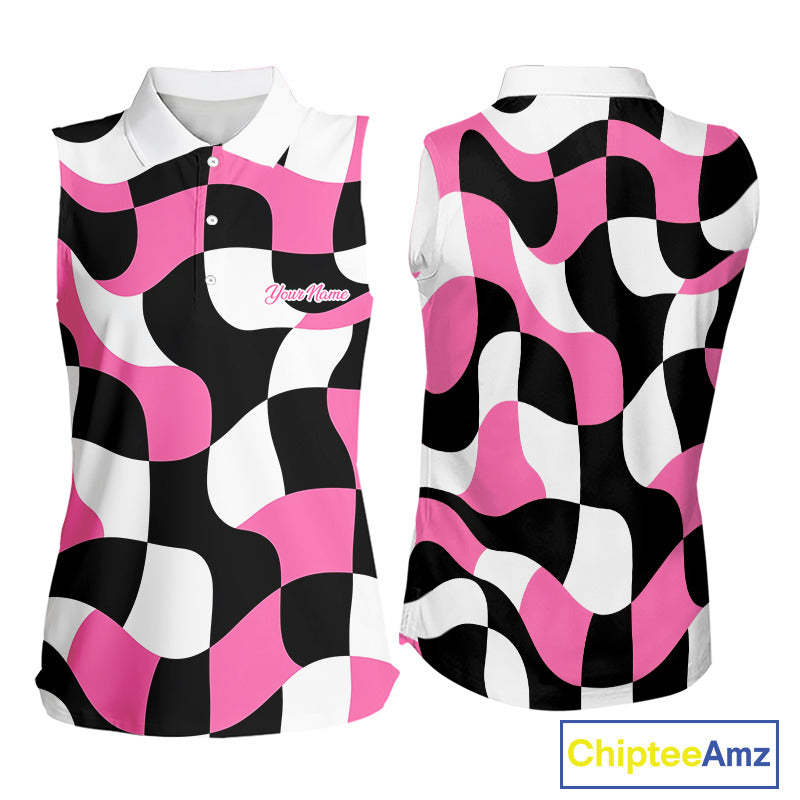 Womens Sleeveless Golf Polo Shirt Custom Pink Checkerboard Argyle Pattern Golf Attire For Ladies NHN0124