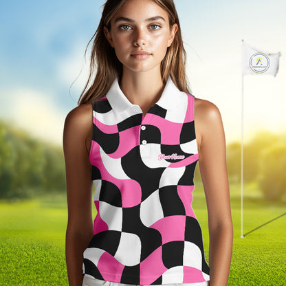 Womens Sleeveless Golf Polo Shirt Custom Pink Checkerboard Argyle Pattern Golf Attire For Ladies NHN0124