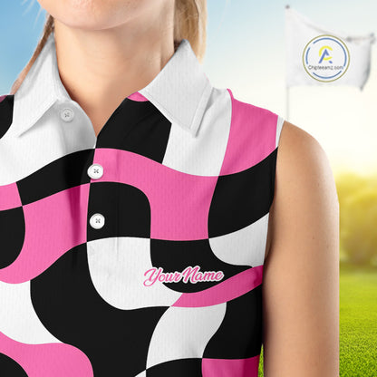 Womens Sleeveless Golf Polo Shirt Custom Pink Checkerboard Argyle Pattern Golf Attire For Ladies NHN0124