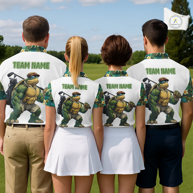 Funny Womens Golf Polo Shirt Custom Green Tropical Leaf Pattern Personalized Turtle Golf Shirts For Women NHN0003