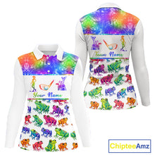 Load image into Gallery viewer, Funny Tie Dye Frog Pattern Womens Long Sleeve Golf Polo Shirt Custom Watercolor Golf Attire For Ladies NHN0135