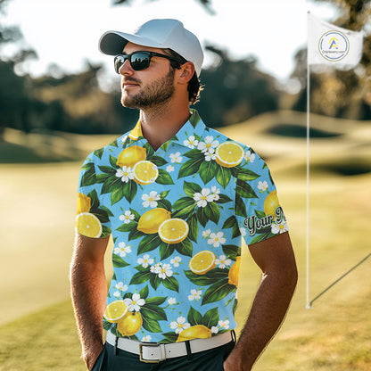 Funny Mens Golf Polo Shirts Custom Blue Lemon Tree Pattern Golf Top For Men, Golf Gifts NHN0142