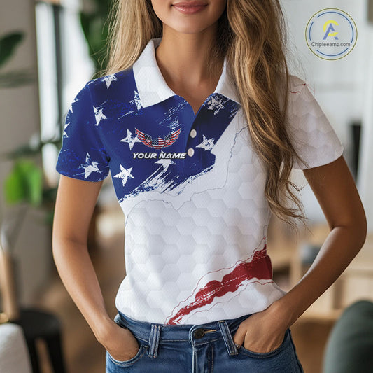 American Flag Womens Golf Polo Shirts Custom Patriotic Team Golf Shirts For Women Golf Gifts NHN0008