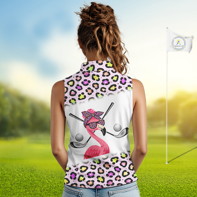 Funny Flamingo Womens Sleeveless Golf Polo Shirt Custom Colorful Neon Rainbow Leopard Team Golf Polo NHN0155