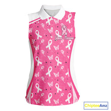 Load image into Gallery viewer, Pink Ribbon Womens Sleeveless Golf Polo Shirt Custom Butterfly Breast Cancer Awareness Ladies Golf Top NHN0175