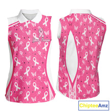 Load image into Gallery viewer, Pink Ribbon Womens Sleeveless Golf Polo Shirt Custom Butterfly Breast Cancer Awareness Ladies Golf Top NHN0175