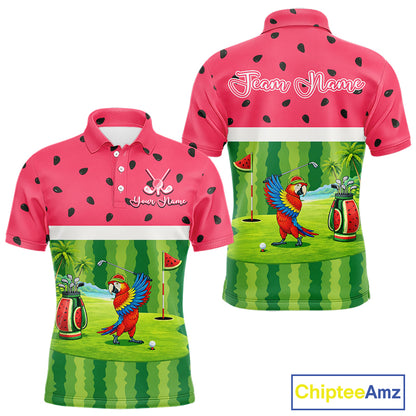 Funny Mens Golf Polo Shirt Custom Watermelon Tropical Pattern, Parrot Golf Shirts For Team NHN0183