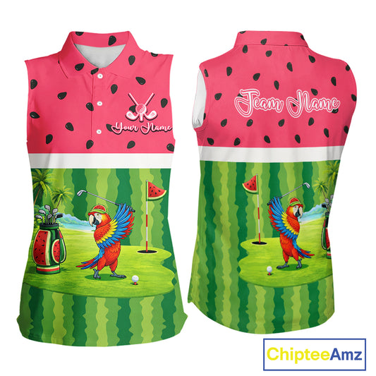 Funny Womens Sleeveless Golf Polo Shirt Custom Watermelon Tropical, Parrot Golf Shirts For Team NHN0183