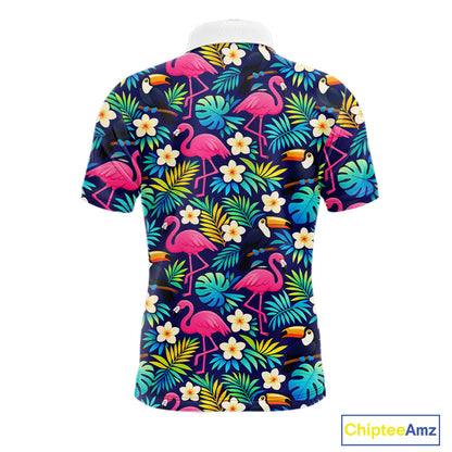 Mens Golf Polo Shirt Custom Toucan Tropical Leaf Pattern Flamingo Golf Shirts For Men NHN0099