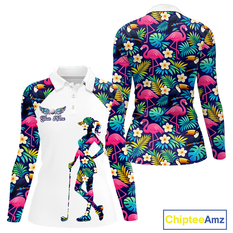 Womens Long Sleeve Golf Polo Shirt Custom Tropical Pattern, Flamingo Golf Shirts For Ladies NHN0099