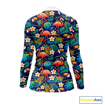 Funny Womens Long Sleeve Golf Polo Shirt Custom Toucan Tropical Pattern, Flamingo Golf ShirtsNHN0099