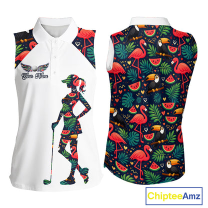 Funny Womens Sleeveless Golf Polo Shirt Custom Tropical Summer Pattern, Flamingo Golf Shirts For Ladies NHN0099