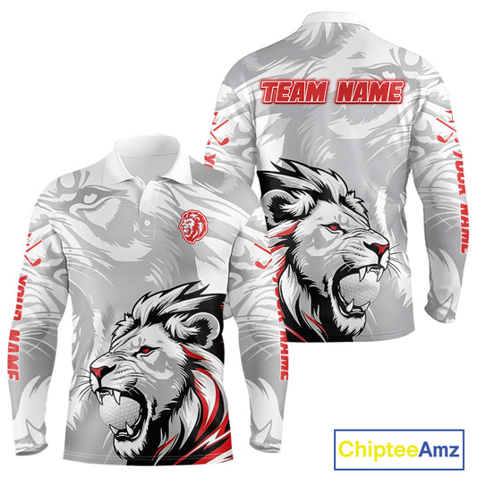 Lion Long Sleeve Golf Polo Shirt Custom Red And White Pattern Lion Best Golf Shirts For Men NHN0055
